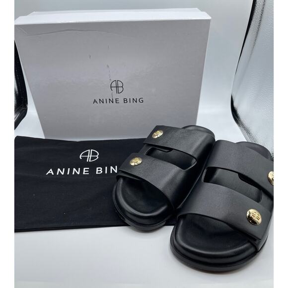 Anine Bing Ella Black Leather Slides with Gold Detail Size 6 - Picture 5 of 13